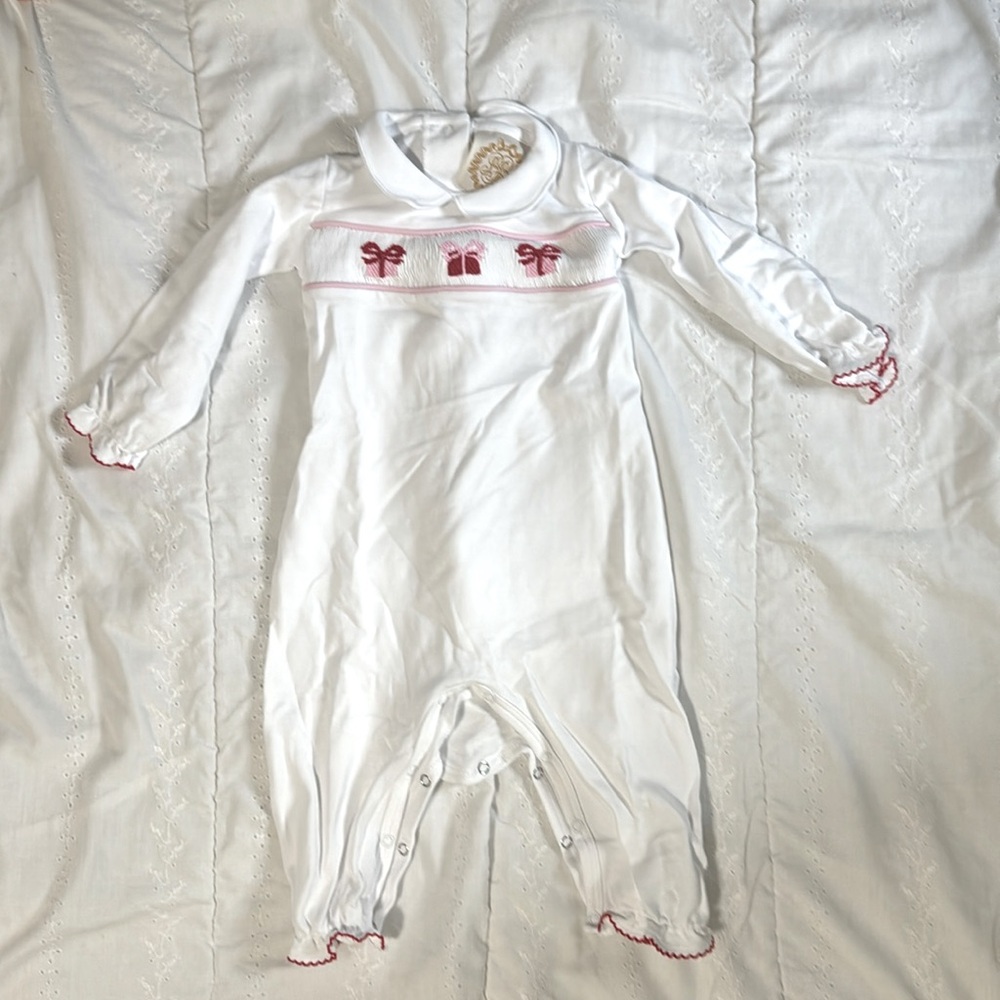 The Beaufort Bonnet Company White Baby One-Piece with Pink Smocked Bows